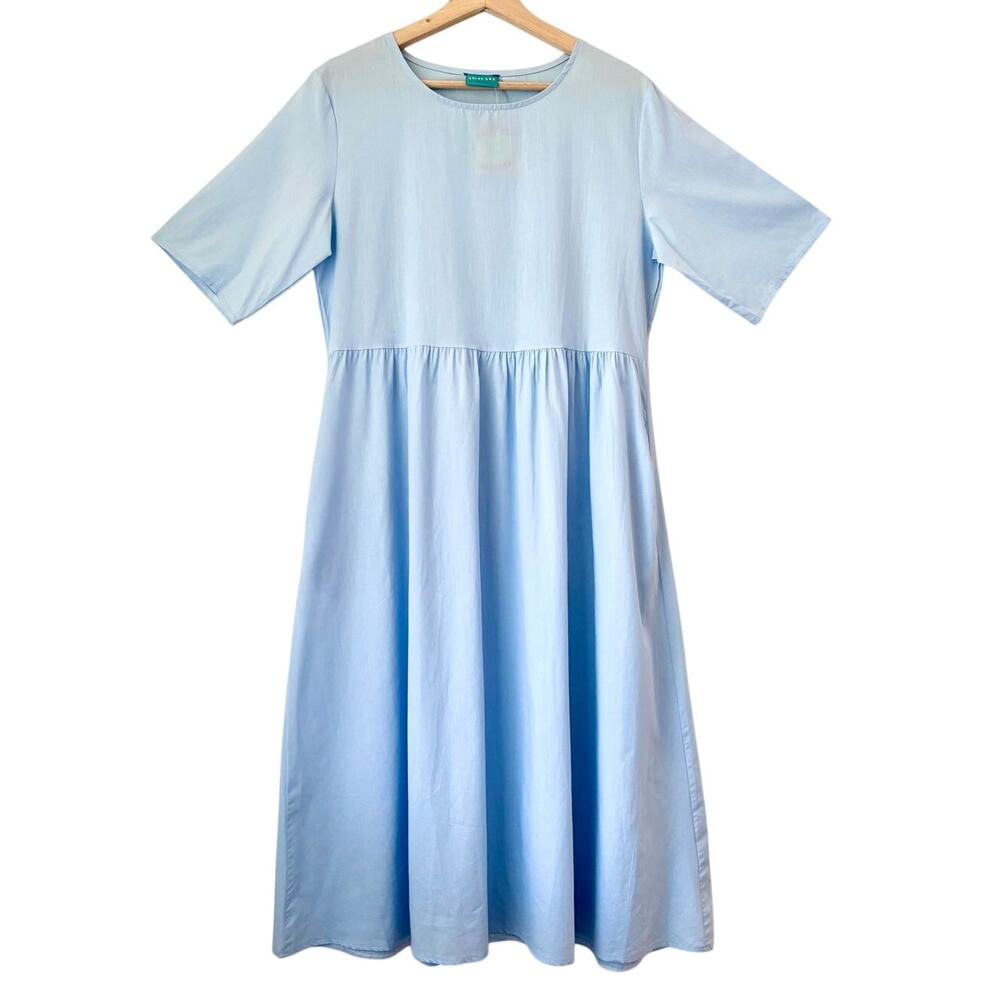NEW $248 Handmade Cotton Poplin Baby Blue Baby Doll Dress Midi Minimalist- Small